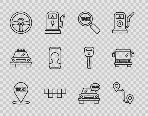 Set line Map pointer with taxi, Route location, Magnifying glass and car, Taxi roof, Steering wheel, call telephone service, and Bus icon. Vector — Stok Vektör
