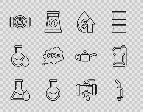 Set line Tubo de prueba de gasolina de aceite, aumento de precios, prueba y frasco, válvula de tuberías metálicas de la industria, nube de emisiones de CO2, roto con fugas de agua y bote para icono de gasolina. Vector — Archivo Imágenes Vectoriales