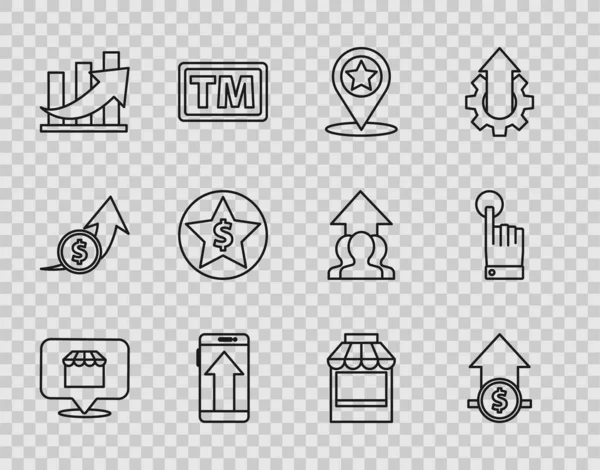 Set line Online shopping concept, Financial growth and coin, Map pointer with star, Smartphone, mobile phone, Star dollar, Shopping building or market store and Hand touch tap gesture icon. Vector — стоковий вектор