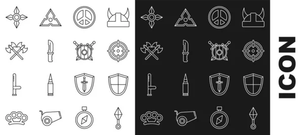 Set line Japanese ninja shuriken, Shield, Target sport, Peace, Military knife, Crossed medieval axes, and Wooden shield with crossed swords icon. Vector — Stockvektor
