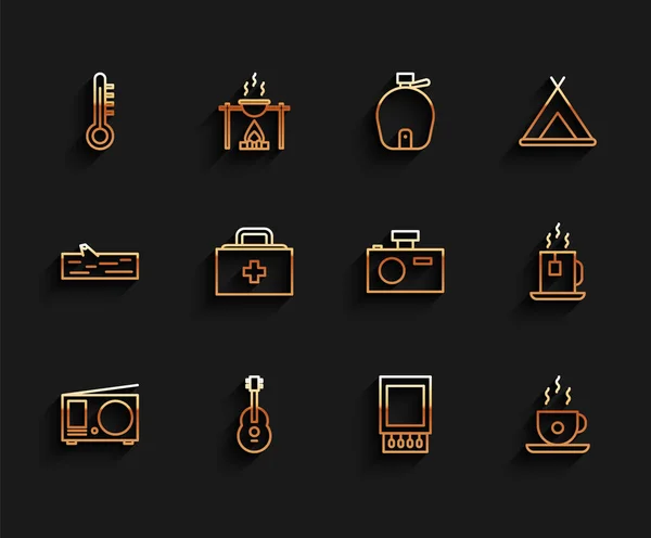 Set line Radio with antenna, Guitar, Meteorology thermometer, Open matchbox and matches, Coffee cup, First aid kit, Cup tea tea bag and Photo camera icon. Vector — Stock vektor