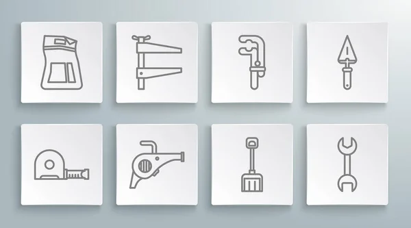 Set line Roulette construction, Clamp tool, Leaf garden blower, Snow shovel, Wrench spanner, Trowel and Cement bag icon. Vector — Stockvektor