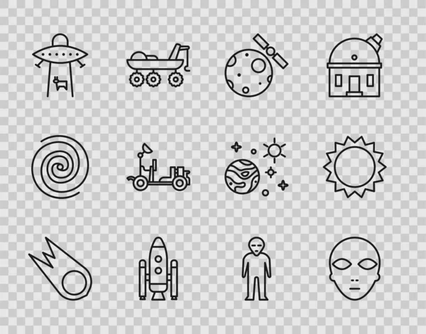 Set line Comet falling down fast, Alien, Satellites orbiting the planet Earth, Space shuttle and rockets, Planet, Mars rover, and Sun icon. Vector — Vettoriale Stock
