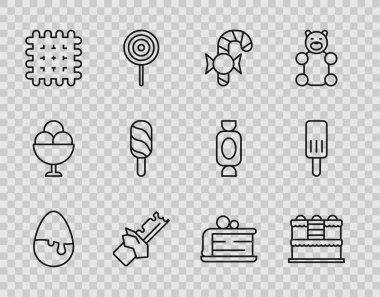 Sabit hat çikolatalı yumurta, pasta, Noel şekeri kamışı, Bitten çikolatası, Kraker bisküvisi, dondurma, kek ve ikon. Vektör