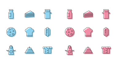 Mutfak önlüğü, yanan mumlu pasta, şişe sütü, ekmek tostu, şef şapkası, Hotdog sandviçi, kurabiye ya da bisküvi ve ikon. Vektör