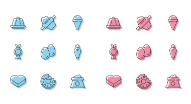 Kalp şeklinde şeker, çörek, puding kreması, un torbası, paskalya yumurtası, hamur işi ve yuvarlanan iğne hamuru ikonu. Vektör