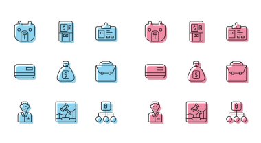 Set hattı Tüccarı, İnternet açık arttırması, Ayı pazarı, Blockchain teknolojisi Bitcoin, Para çantası, Çanta, Kredi kartı ve ATM ve para ikonu. Vektör