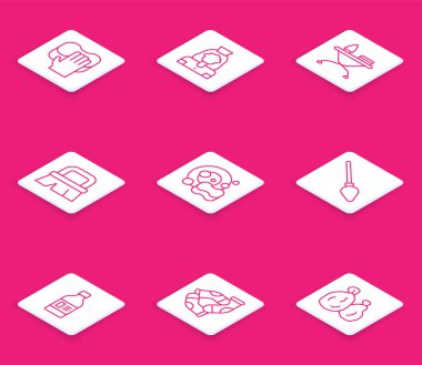 Hat temizleme servisi, bayan, demir ve ütü masası, temizlik, bulaşık fırçası, süpürge, şişe ve çorap ikonu. Vektör