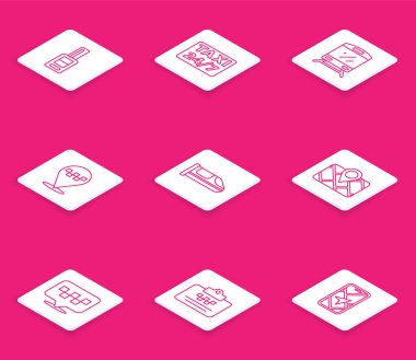 Hat anahtarını uzaktan kumandalı, konum taksisi, tren, yüksek hızlı tren, GPS haritası ve taksi sürücü ehliyeti ikonu ile ayarla. Vektör