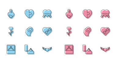 Elmas nişan yüzüğü, aşk iksiri şişesi, kalp kanatları, baş kalp, şeker şeklinde kutu, çiçek ve ikon. Vektör