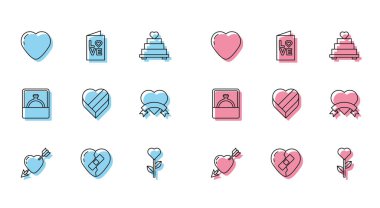 Aşkı kalp ve okla belirle, kırık kırık kırık, çiçek şeklinde, şeker şeklinde kutu, elmas nişan yüzüğü ve sevgililer günü parti broşürü. Vektör