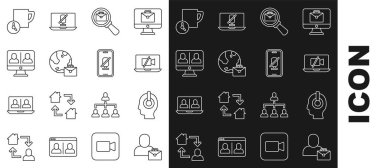 Freelancer hattı, laptop 'da video kamera, evrak çantalı büyüteç, online çalışma, sohbet konferansı, zaman yönetimi ve sessiz mikrofon mobil ikonu. Vektör