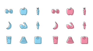 Set line Glass with water, Stack hot stones, Dumbbell, Bathroom scales, Bodybuilder muscle, Pipette oil, Banana and Apple icon. Vector
