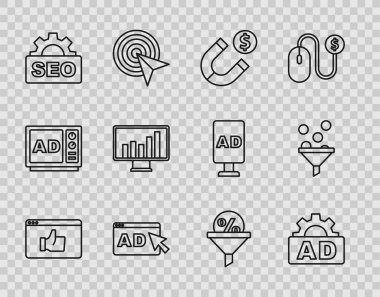 Satır Müşteri Değerlendirme, Reklamcılık, Paralı Mıknatıs, SEO optimizasyonu, Monitor grafik şeması, Öncü Yönetim ve simge. Vektör