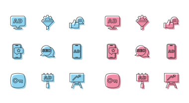 Satır anahtarı, reklamcılık, grafik tablosu, SEO optimizasyonu, mobil değerlendirme derecesi ve satış huni dişli ikonu ayarla. Vektör