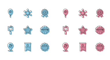 Set çizgisi Kartal, Amerikan bayrağı, Balonlar, ABD Bağımsızlık Günü, oy hakkı, futbol kale direği ve Hexagram şerif ikonu. Vektör