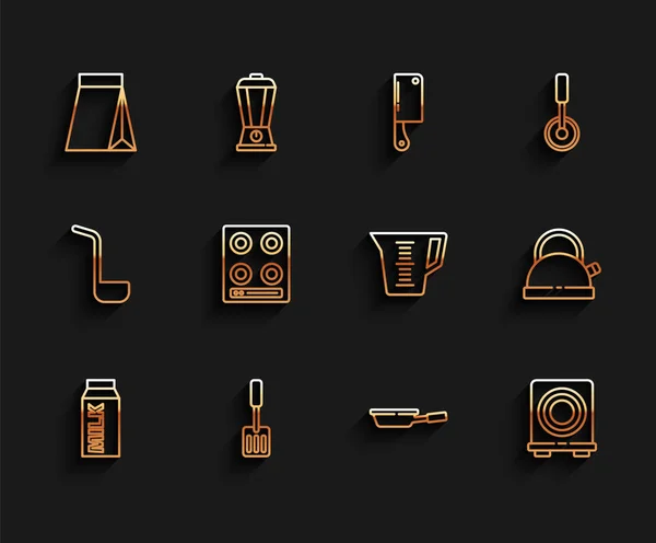 Set line Paper package for milk, Spatula, Bag of coffee beans, Frying pan, Electric stove, Gas, Kettle with handle and Measuring cup icon. Vector — Archivo Imágenes Vectoriales