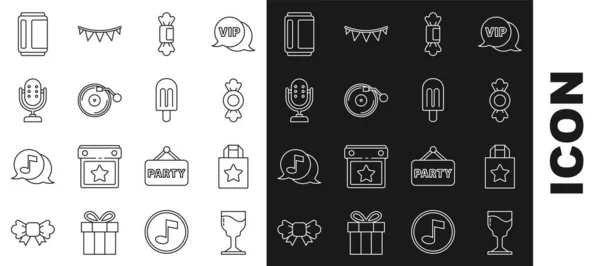 Set line Wine glass, Paper shopping bag, Candy, Vinyl player with disk, Microphone, Beer can and Ice cream icon. Vector — Image vectorielle