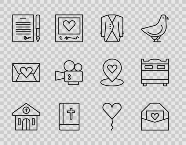 Set line Church building, Envelope with Valentine heart, Suit, Holy bible book, Marriage contract, Cinema camera, Balloon form of and Bedroom icon. Vector — Stockvektor