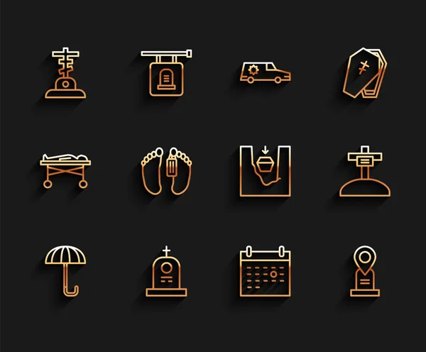 Set line Umbrella, Grave with tombstone, cross, Calendar death, Location grave, Dead body, and Coffin in icon. Vector — стоковый вектор