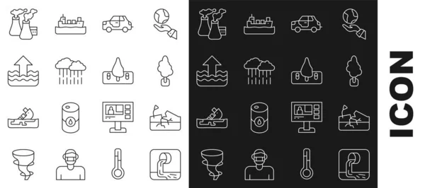 Set line Wastewater, Earthquake, Tree, Car, Cloud with rain, Rise level, Smoke from factory and Deforestation icon. Vector — стоковый вектор