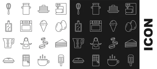 Set line Ice cream, Cake, Easter eggs, Stack of pancakes, Oven, Cutting board, Kitchen whisk and waffle cone icon. Vector — Vector de stock