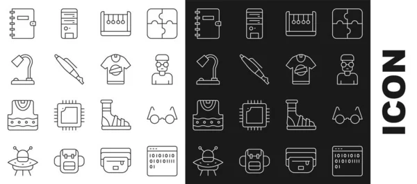 Set line Binary code, Eyeglasses, Nerd geek, Pendulum, Fountain pen nib, Table lamp, Spiral notebook and T-shirt icon. Vector — Vetor de Stock