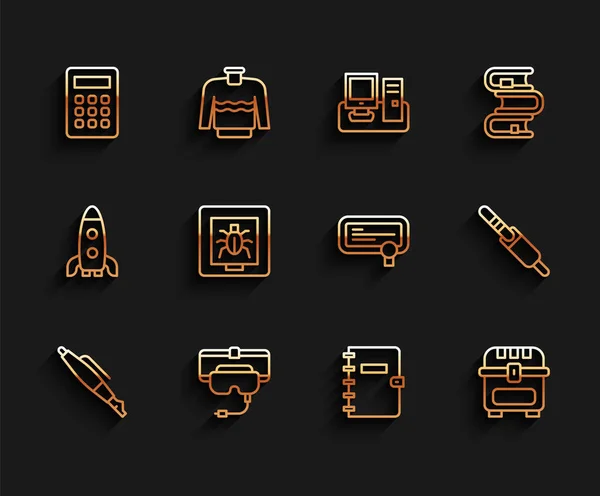 Penttain pen nib, Virtual reality glasses, Calculator, Spiral notebook, Antique treasure chest, Insects frame, Audio Jack, Certificate template icon 을 설정 한다. Vector — 스톡 벡터