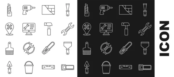 Set line Hand saw, Putty knife, Wrench spanner, Bricks, Computer monitor service, Location with wrench, Stationery and Hammer icon. Vector — Vetor de Stock