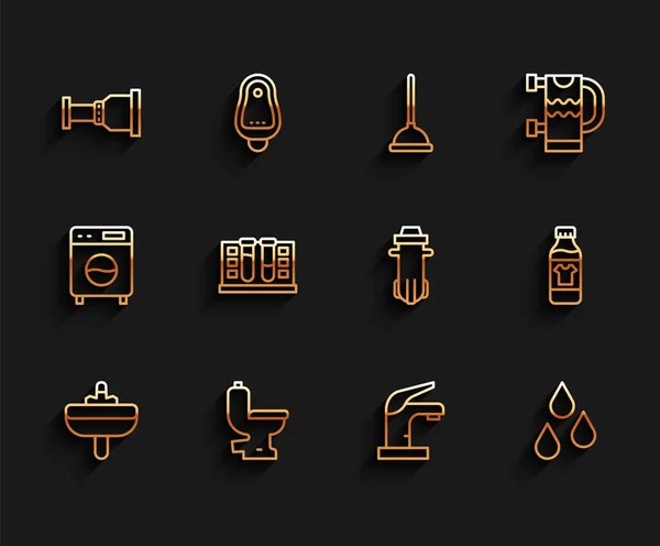 Set line Washbasin, Toilet bowl, Pipe adapter, Water tap, drop, Test tube with water, Bottle for cleaning agent and filter icon. Vector — Vector de stock