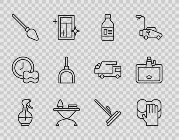 Set line Water spray bottle, Cleaning service, Bottle for cleaning agent, Iron and ironing board, Handle broom, Dustpan, Mop and Washbasin icon. Vector — Image vectorielle