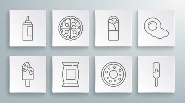 Set line Ice cream, Pizza, Bag or packet potato chips, Donut, Doner kebab, Scrambled eggs and Sauce bottle icon. Vector — 스톡 벡터
