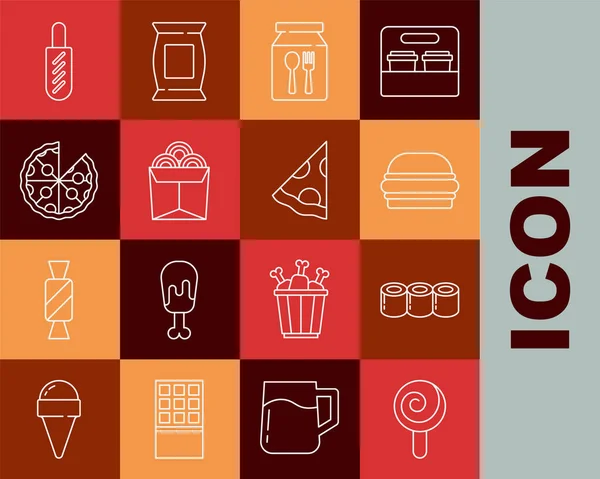 Set line Lollipop, Sushi, Burger, Online ordering and delivery, Noodles box, Pizza, Hotdog sandwich and Slice of pizza icon. Vector — Stockvektor