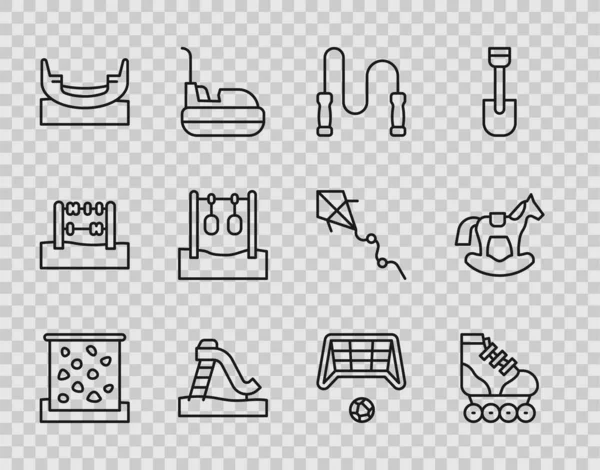 Set line Climbing wall, Roller skate, Jump rope, Kid slide, Boat swing, Gymnastic rings, Soccer goal with ball and Horse saddle icon. Vector — Stok Vektör