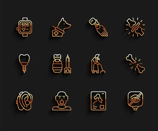 Set line Hearing aid, Head of deaf and dumb, Smart watch, X-ray shots, Blindness, Syringe, Human broken bone and Grandmother icon. Vector — Image vectorielle