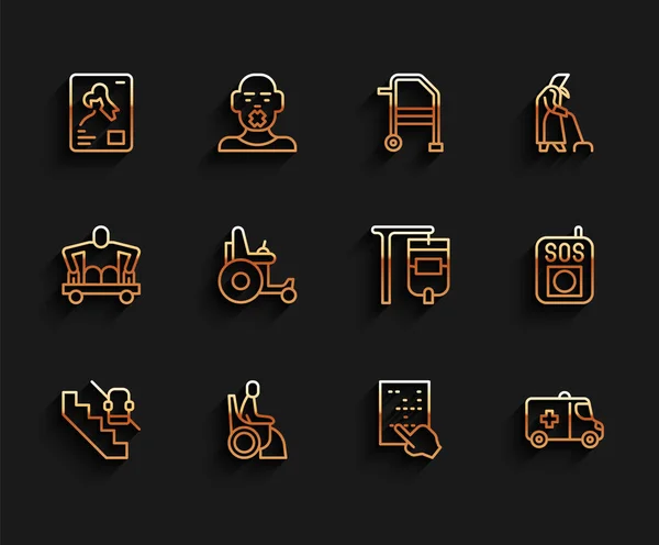 Set line Disabled elevator, Woman in wheelchair, X-ray shots, Braille, Emergency car, Electric, Press the SOS button and IV bag icon. Vector — стоковый вектор