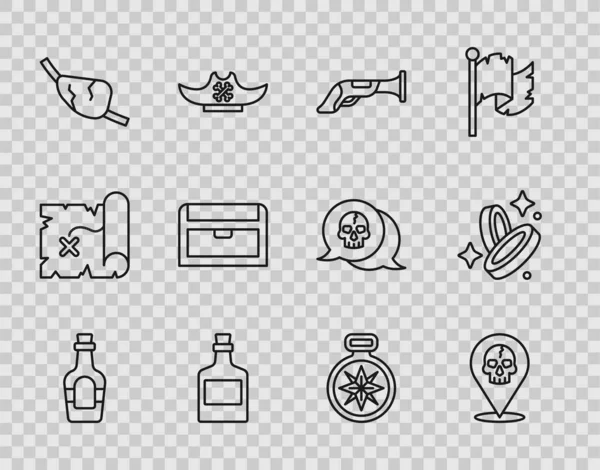 Set line Alcohol drink Rum, Location pirate, Vintage pistol, Pirate eye patch, Antique treasure chest, Compass and coin icon. Vector — Vector de stock