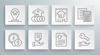 Set zamanı para, dolar, sözleşme, anahtar, hesap makinesi ve konum ikonu olan ev. Vektör