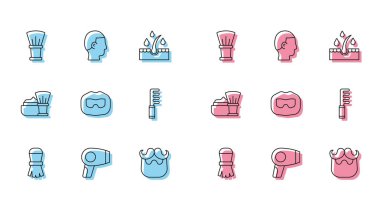 Set line Shaving brush, Hair dryer, Mustache and beard, Hairbrush, with foam and Hairstyle for men icon. Vector