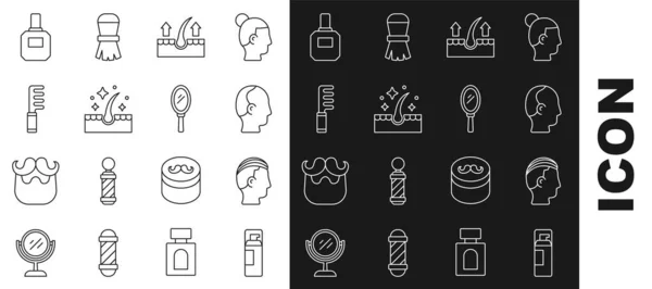 Set line Shaving gel foam, Hairstyle for men, Baldness, Human hair follicle, Oil care treatment, Hairbrush, Aftershave and Hand mirror icon. Vector — Image vectorielle