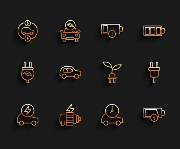 Set line Electric car, motor, Low battery, plug and saving in leaf icon. Vector — Image vectorielle