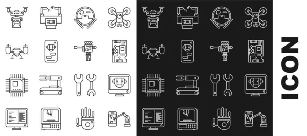 Set line Industrial machine robotic robot arm hand, Robot vacuum cleaner, Drone flying with action camera, delivery concept and Mechanical screwdriver icon. Vector — Archivo Imágenes Vectoriales