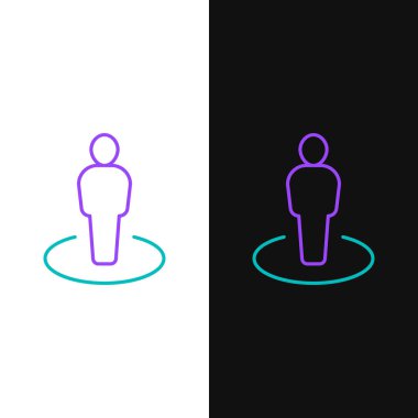 Beyaz ve siyah arkaplanda izole edilmiş bir kişi simgesinin silüeti olan çizgi haritası. GPS konum sembolü. Renkli taslak konsepti. Vektör