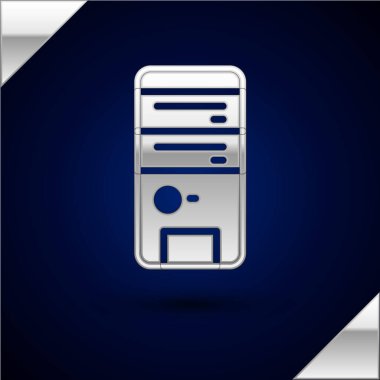 Gümüş Bilgisayar simgesi koyu mavi arkaplanda izole edildi. Bilgisayar bileşeni işareti. Vektör.