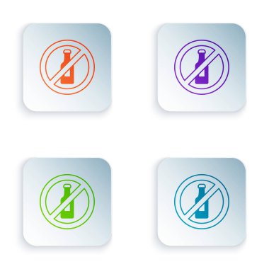 Beyaz arka planda izole edilmiş alkol ikonu yok. Alkol içmeyi yasaklıyorum. Bira şişesi camlı yasak sembol. Kare düğmelere renkli simgeleri yerleştir. Vektör.
