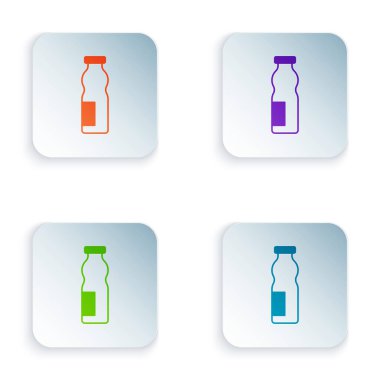 Beyaz arka planda izole edilmiş şişe ikonunda yoğurt içmek. Kare düğmelere renkli simgeleri yerleştir. Vektör.