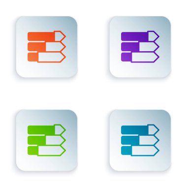 Renkli pasta grafiği bilgi simgesi beyaz arkaplanda izole edildi. Diyagram çizelgesi. Kare düğmelere renkli simgeleri yerleştir. Vektör