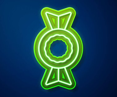 Parlayan neon hattı Candy simgesi mavi arkaplanda izole edildi. Vektör.