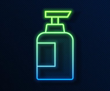 Parlayan neon hattı mavi arka planda izole edilmiş şampuan ikonu şişesi. Vektör