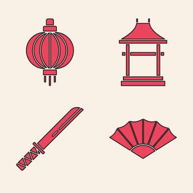 Kağıt Çin ya da Japon katlama vantilatörü, Japon kağıt feneri, Japon kapısı ve geleneksel Japon katana ikonu. Vektör.